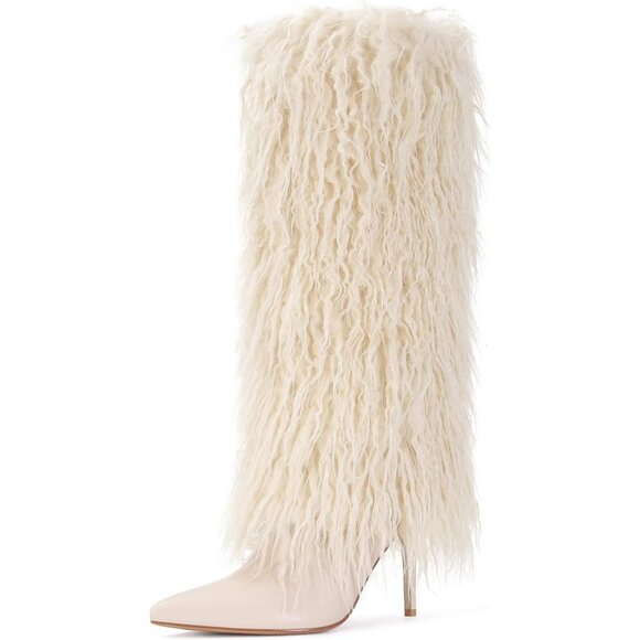 Women's Fur Off White Pointed Toe Fold Over Wide Calf Knee High Heel Boots - Picture 6 of 6